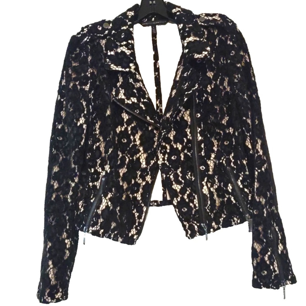 White House Black Market Black Lace over Nude Moto Jacket Short Blazer